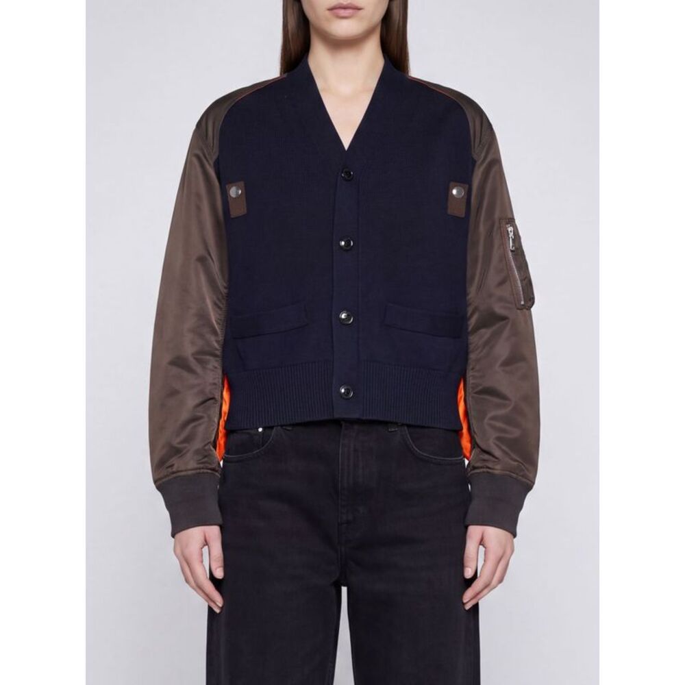 Sacai Women Bicolor Sacai Cotton And Nylon Cardigan With Zip Pockets